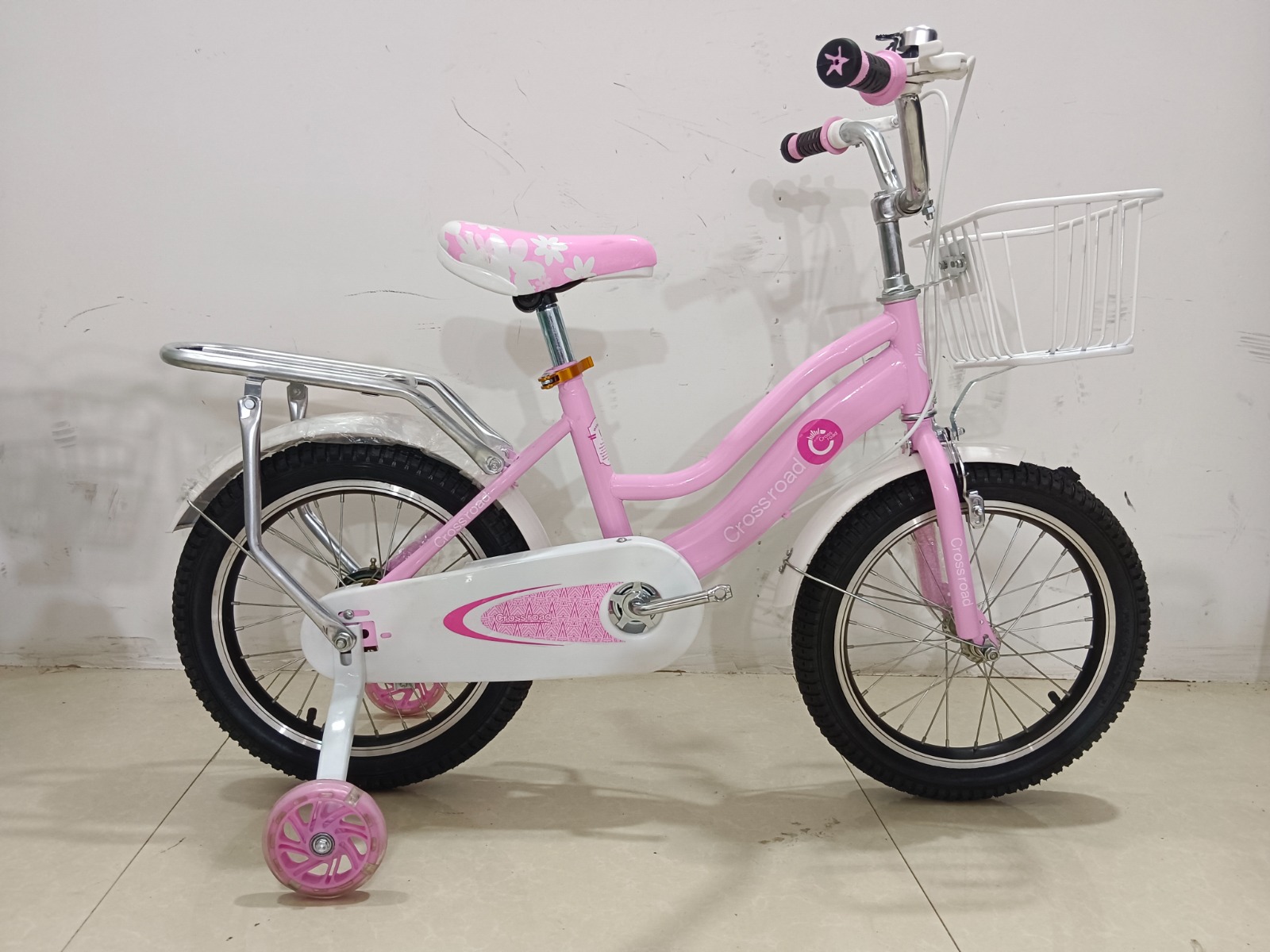 size 16 ladies bike with training wheels ,back seat and front basket